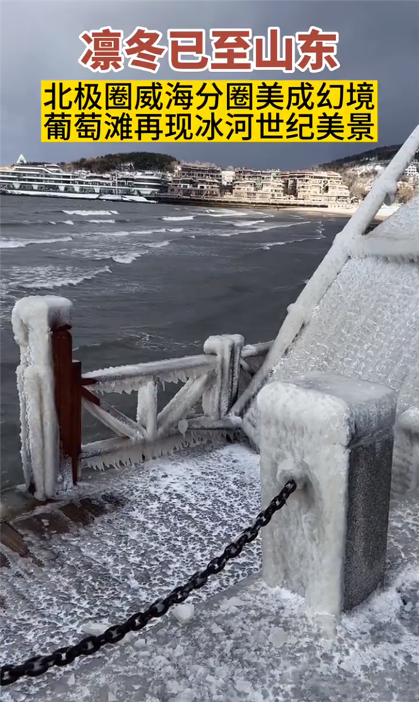 威海海边护栏冻满冰凌仿佛一夜进入“冰河世纪”